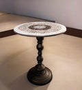 Round side table with iridescent gray and purple mosaic top on black metal base, 15-inch diameter and 20-inch height