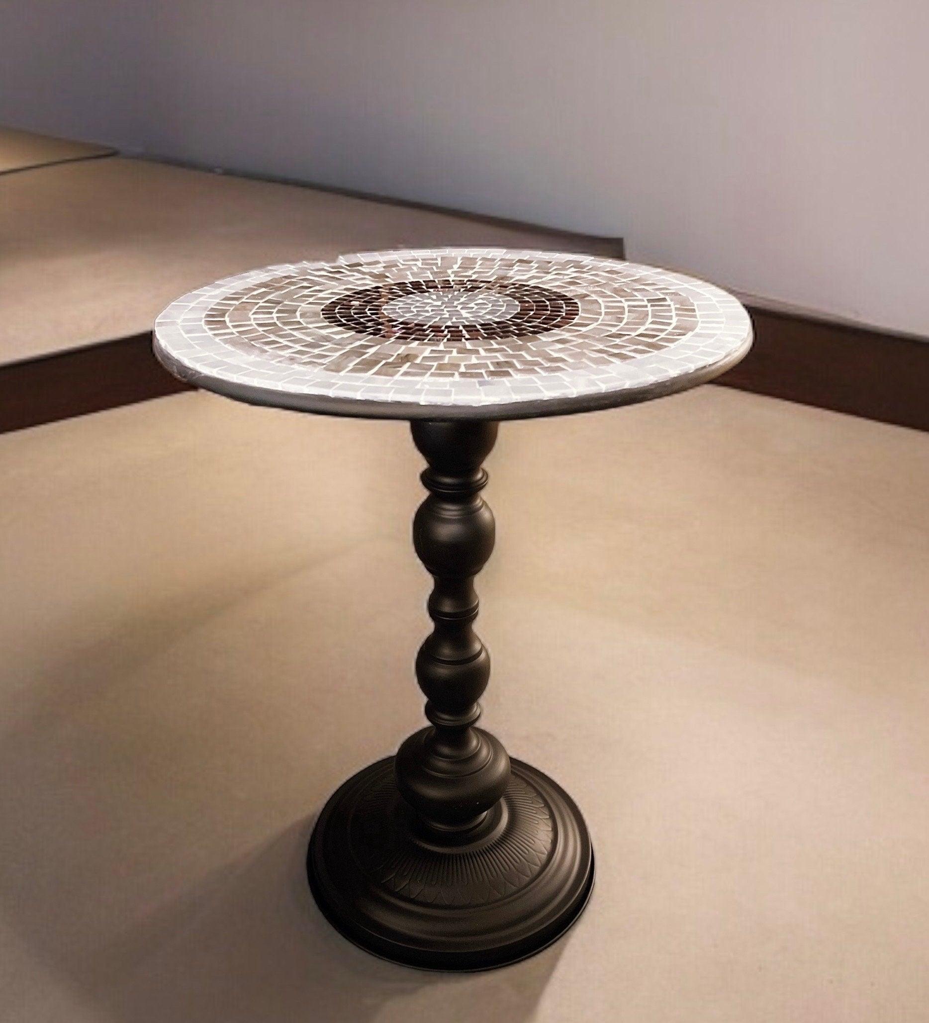 Round side table with iridescent gray and purple mosaic top on black metal base, 15-inch diameter and 20-inch height