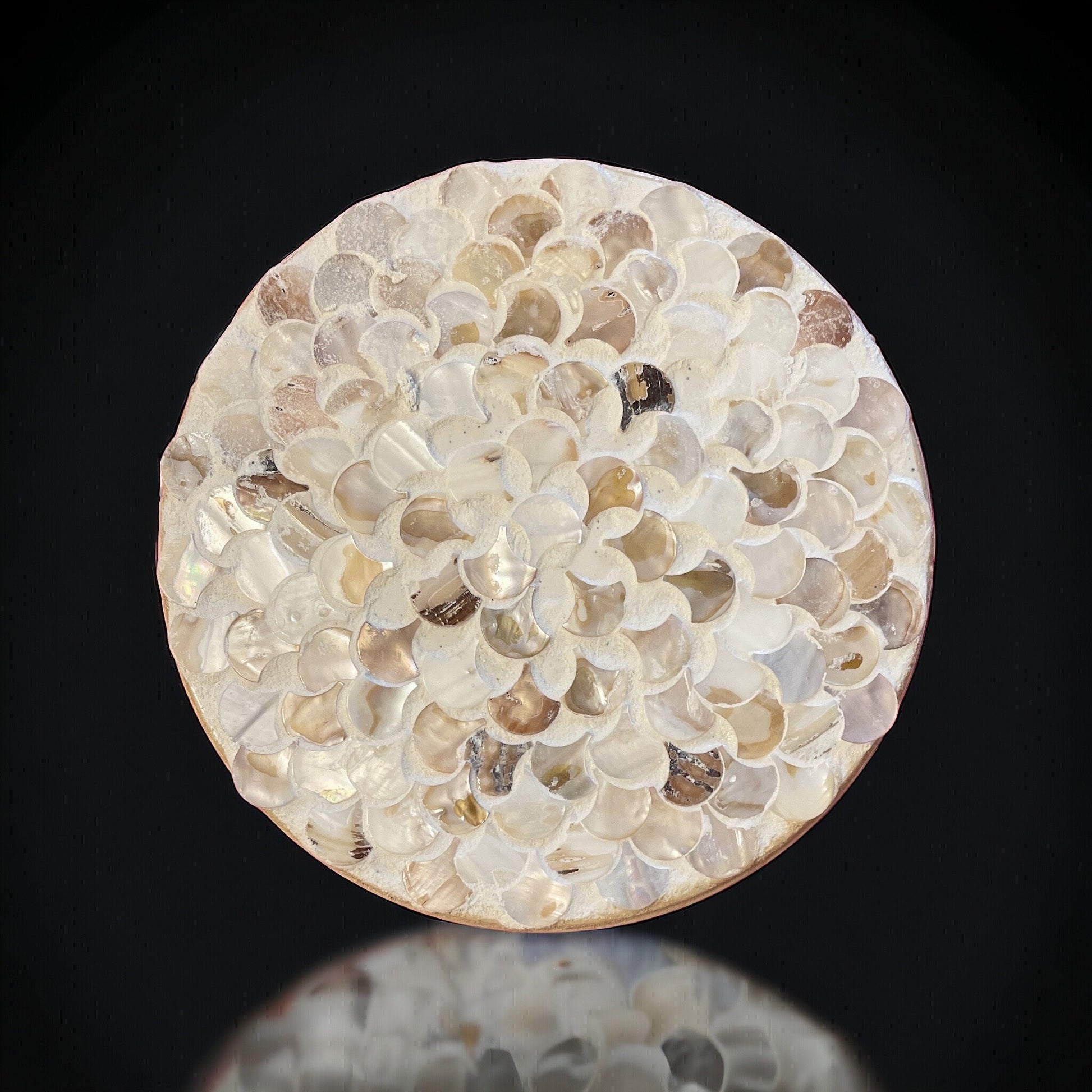 Handmade mother of pearl scallop mosaic decorative stand with intricate shell inlay, perfect for display or home decor.