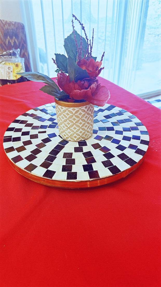 Lazy Susan | Black and White| Mosaic Tray| Wood and Tile Lazy Susan | Rotating Centerpiece