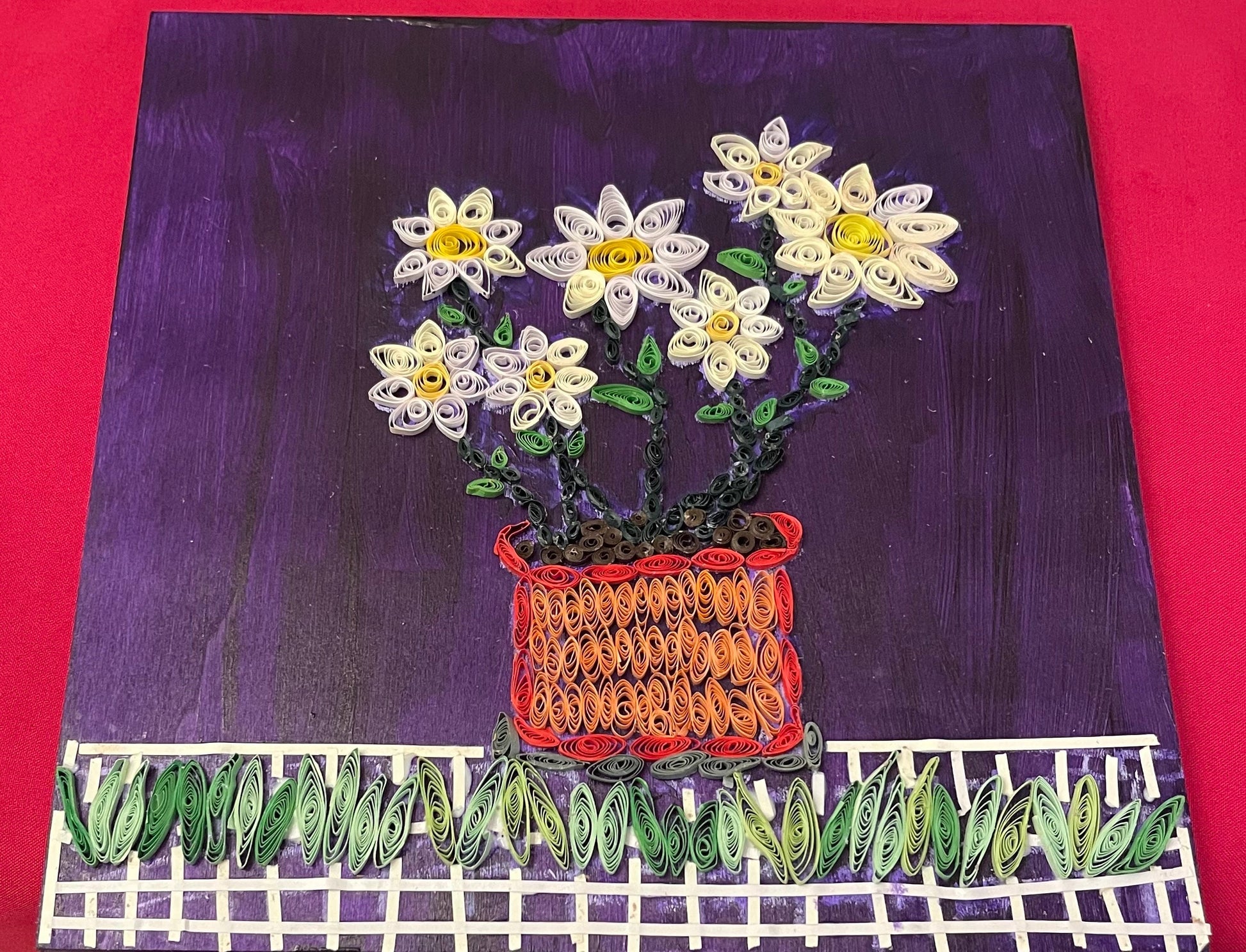 Original paper quilling art of a flower pot, showcasing intricate paper coil design, created by My Store.