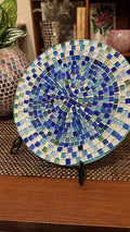 Ocean blue and emerald green mosaic glass plate with intricate tile patterns, handcrafted by My Store.