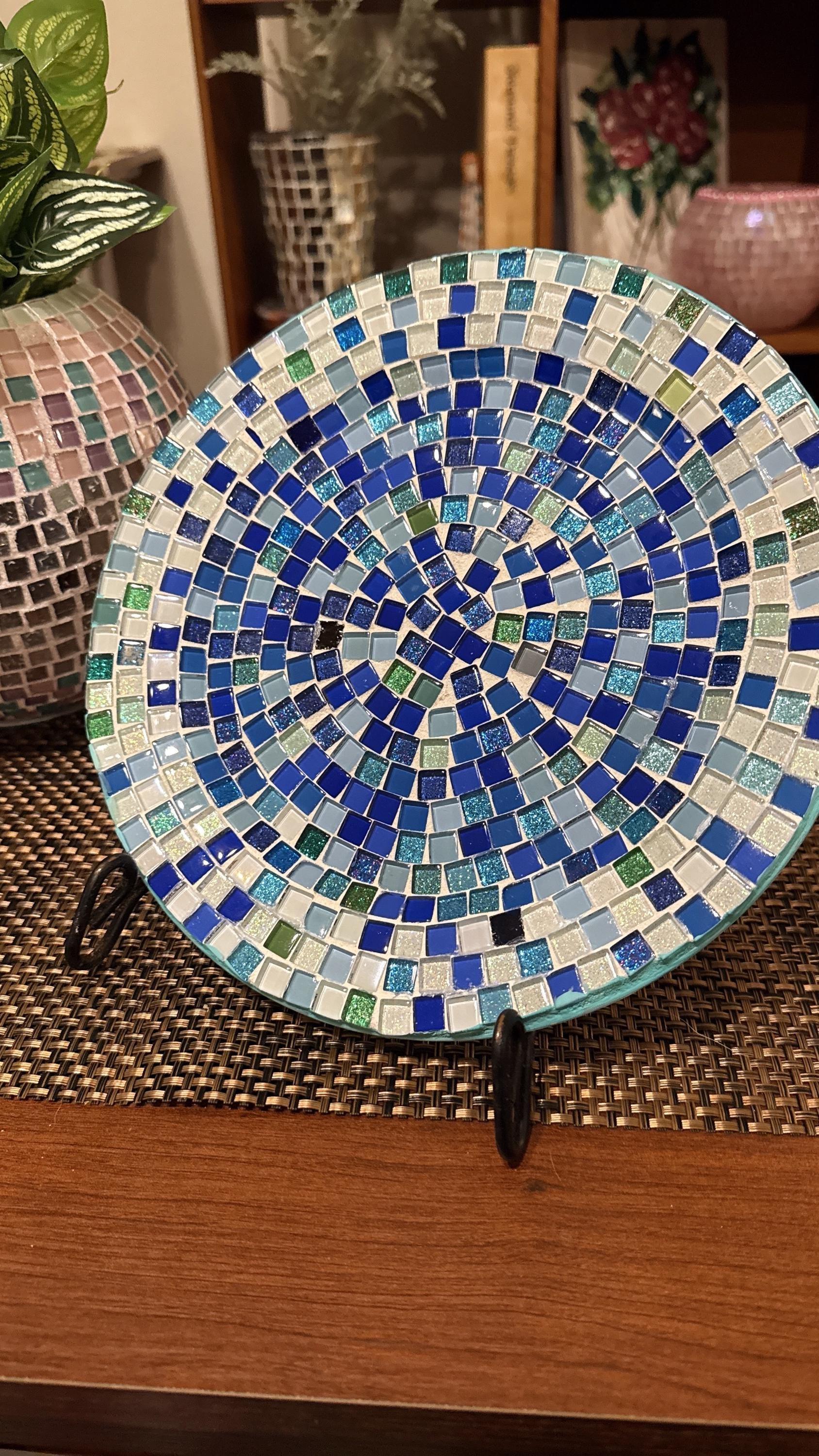 Ocean blue and emerald green mosaic glass plate with intricate tile patterns, handcrafted by My Store.