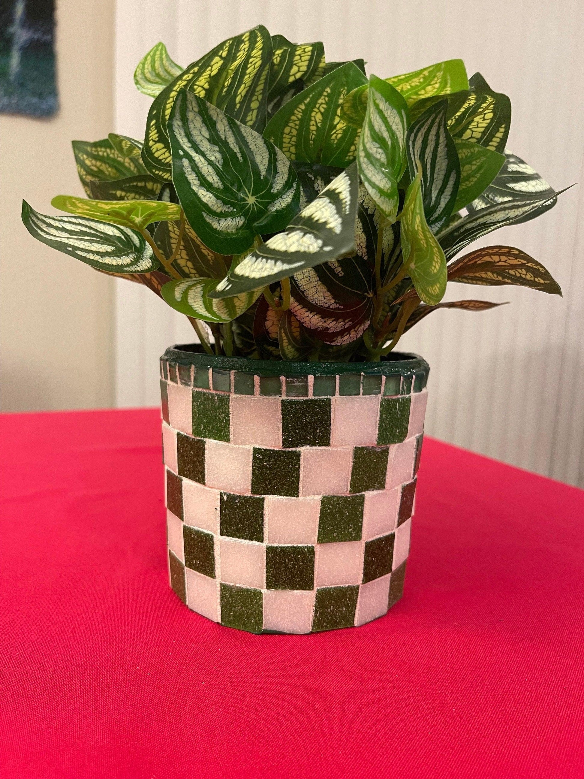 Modern green and white checkerboard mosaic herb planter with rectangular shape and decorative style.