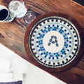 Grecian Blue Geometric Mosaic Wall Art featuring intricate blue and white mosaic patterns for elegant home decor.