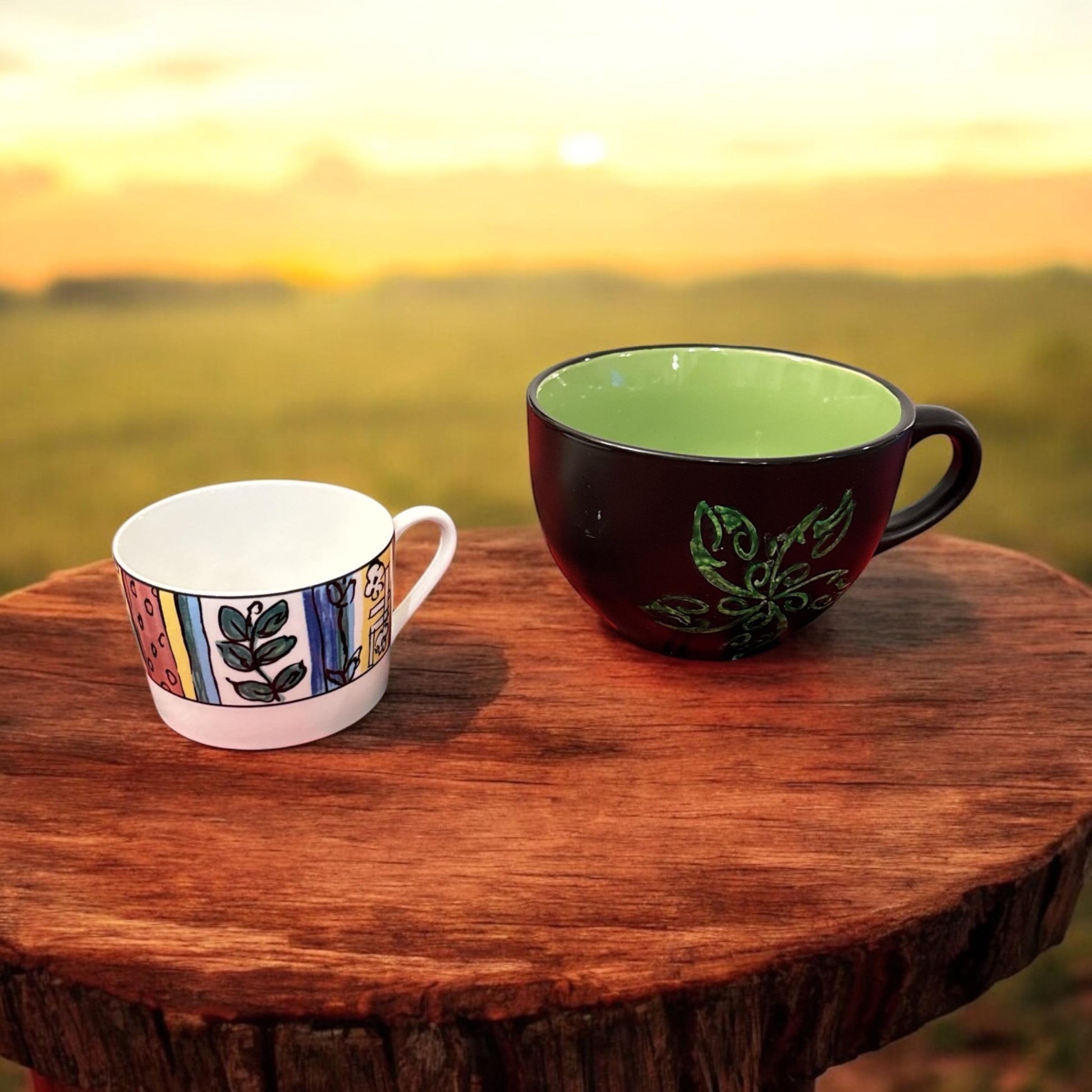 Handpainted extra large coffee mug from My Store with colorful floral design, showcasing detailed artwork on a ceramic mug.