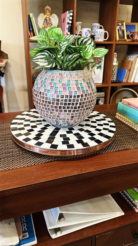 Lazy Susan | Black and White| Mosaic Tray| Wood and Tile Lazy Susan | Rotating Centerpiece
