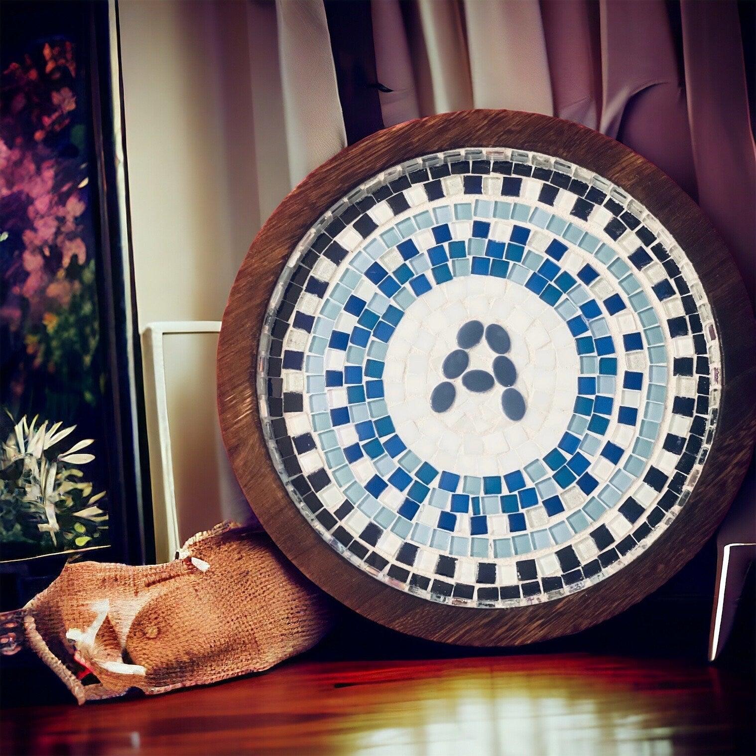 Grecian Blue Geometric Mosaic Wall Art featuring intricate blue and white tile patterns for decorative wall display