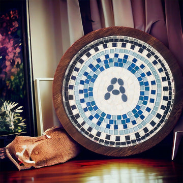 Grecian Blue Geometric Mosaic Wall Art featuring intricate blue and white tile patterns for decorative wall display
