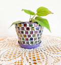 Purple and green mosaic flower pot with floral design, made by My Store, featuring vibrant colors and intricate tile patterns.