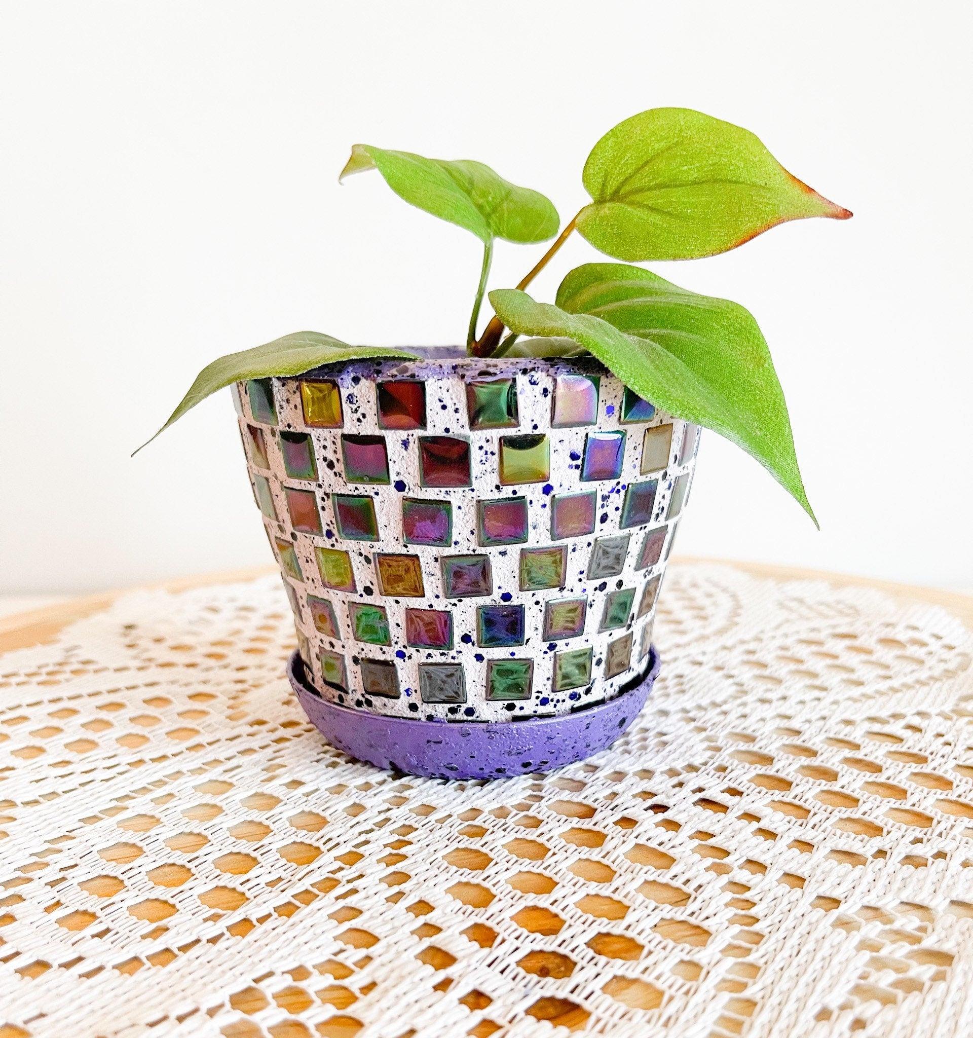 Purple and green mosaic flower pot with floral design, made by My Store, featuring vibrant colors and intricate tile patterns.