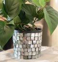 Luminous smoky pearl mosaic vase with intricate glass tile pattern, showcasing a glossy, elegant design suitable for decorative display.