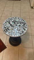 Handmade mosaic round side table with colorful tile design and wooden legs, perfect for living room or bedroom decor.