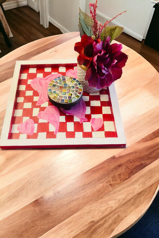 Hand painted Hearts Wooden Checkerboard Coffee Table Tray