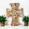 Colorful Mexican mosaic tile Christian wall cross with intricate patterns and vibrant designs, perfect for religious home decor.