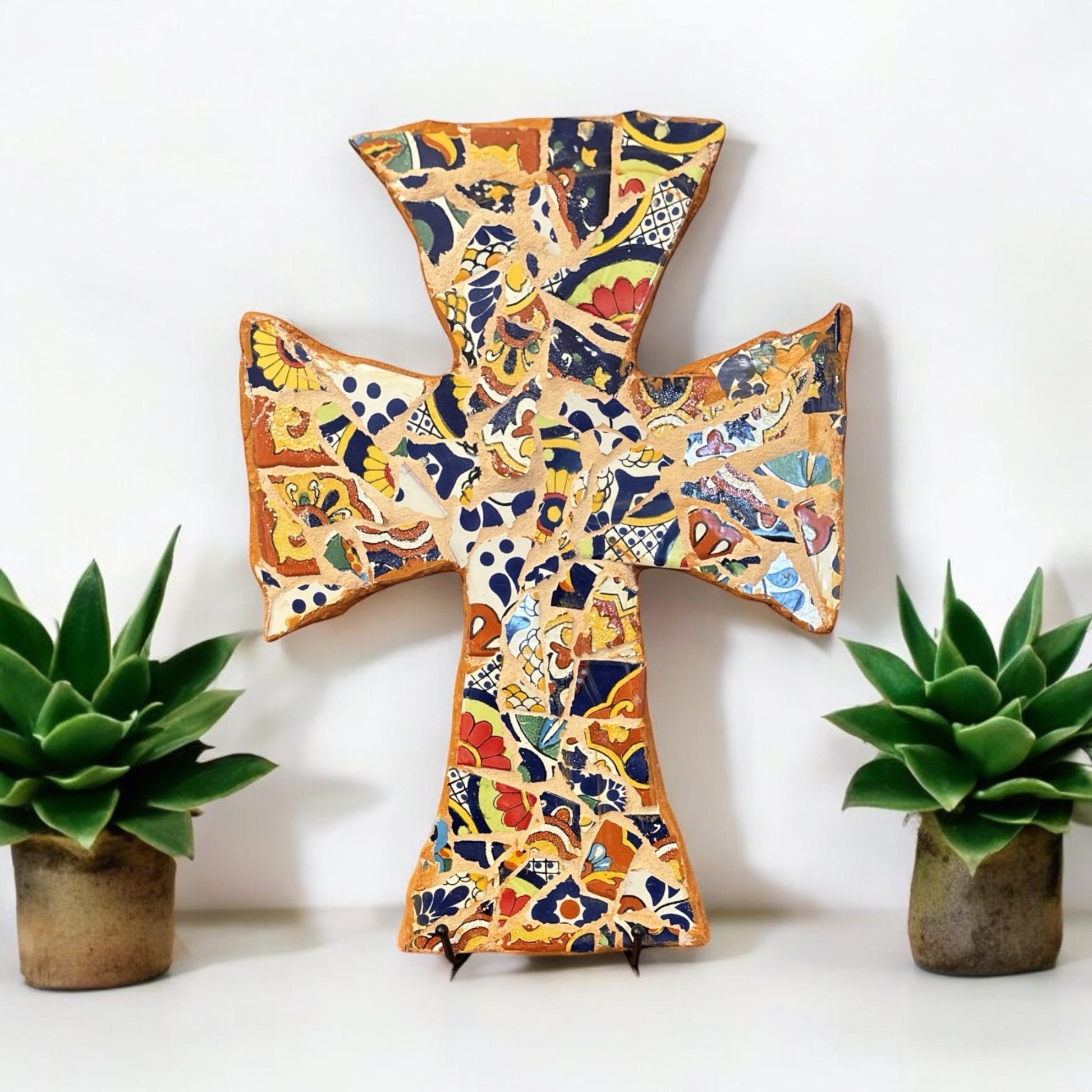 Colorful Mexican mosaic tile Christian wall cross with intricate patterns and vibrant designs, perfect for religious home decor.