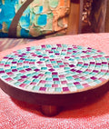 Handcrafted pink and green mosaic plant stand by Miss Bette's Creations, featuring intricate tile patterns and sturdy design.