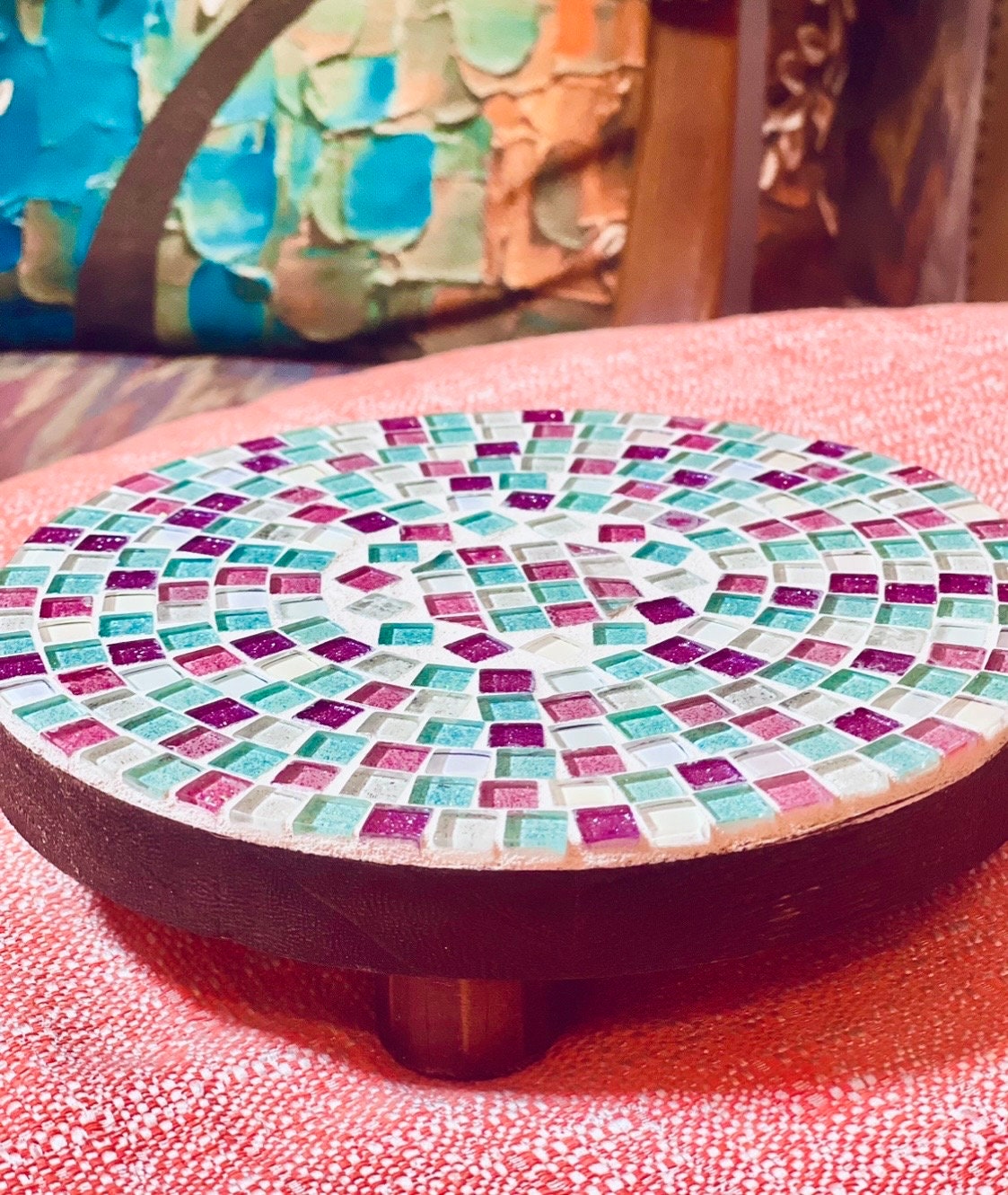 Handcrafted pink and green mosaic plant stand by Miss Bette's Creations, featuring intricate tile patterns and sturdy design.