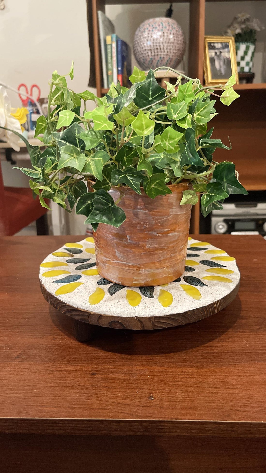 10-inch handcrafted botanical petal mosaic plant stand with colorful floral design, perfect for indoor or outdoor plants.