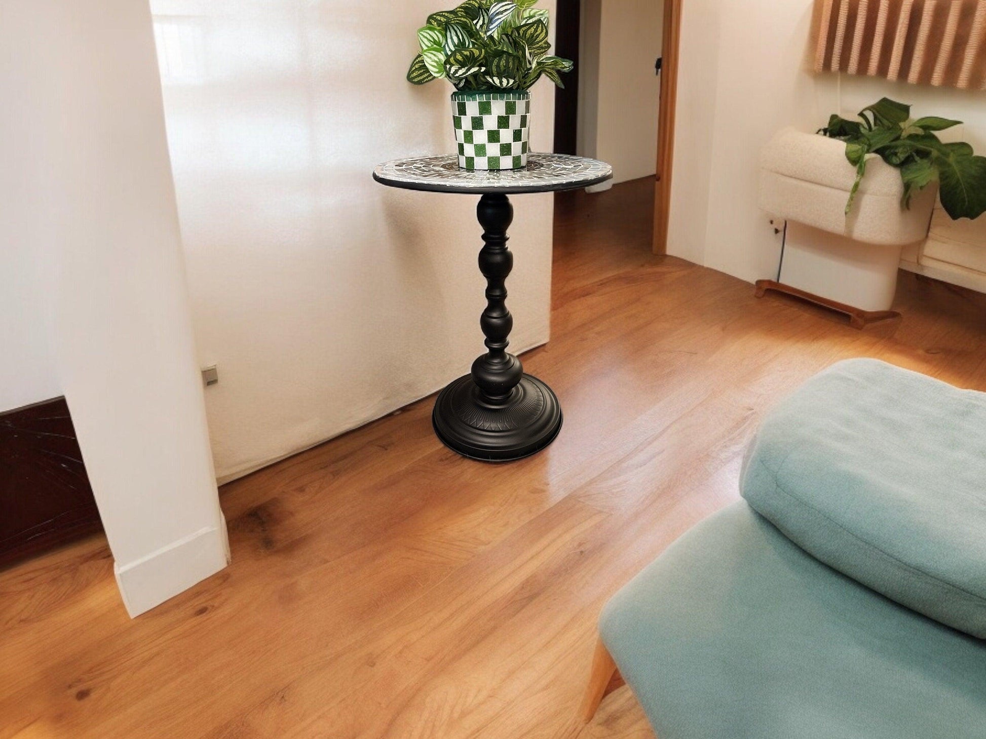Round side table with iridescent gray and purple mosaic top on black metal base, 15-inch diameter and 20-inch height.
