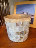 Handcrafted mother of pearl mosaic flower pot with floral design, showcasing intricate inlay work and vibrant colors.