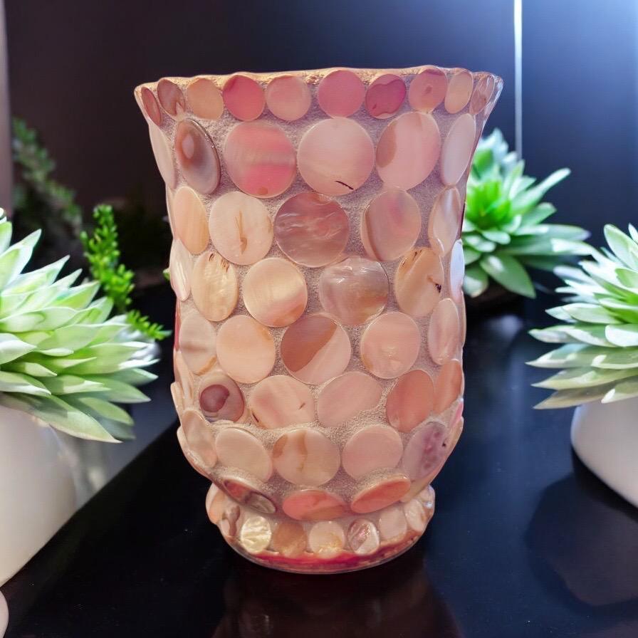 Handcrafted scalloped Capiz shell mosaic vase with a smooth, rounded shape and shimmering shell pattern.