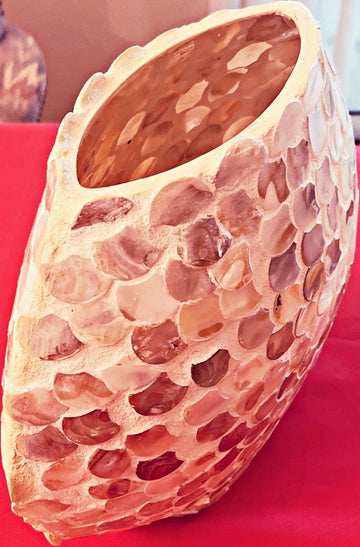 Handcrafted Mother of Pearl mosaic oval vase with intricate detailing, showcasing a beautiful and elegant decorative piece.