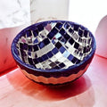Handcrafted blue and silver mosaic disco bowl with intricate pattern, ideal for decorative or party display.