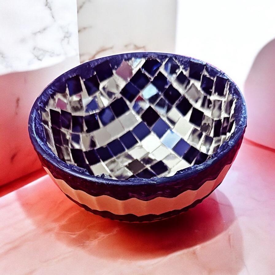 Handcrafted blue and silver mosaic disco bowl with intricate pattern, ideal for decorative or party display.