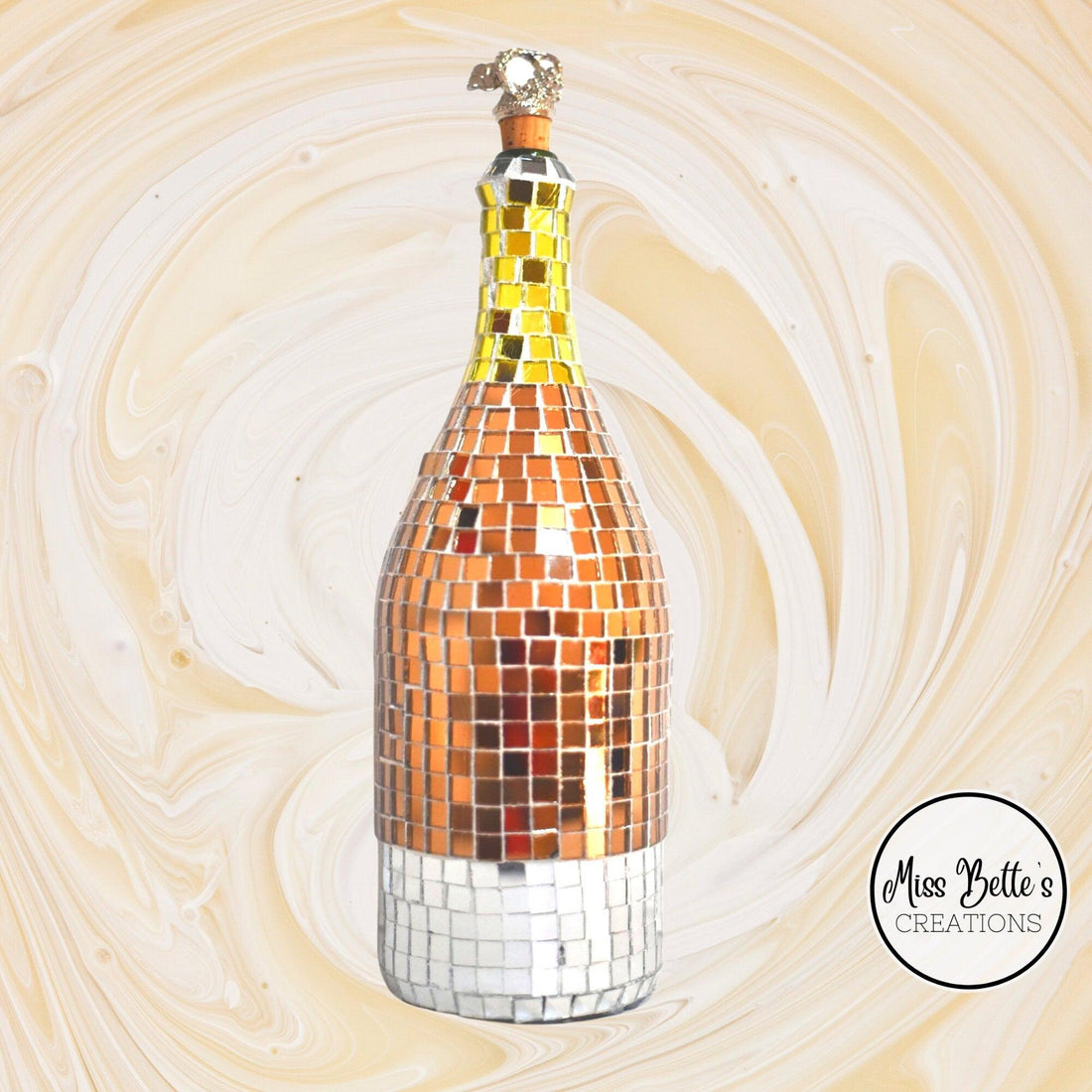Elegant gold mosaic wine decanter with intricate design, perfect for showcasing and serving wine in a luxurious style.