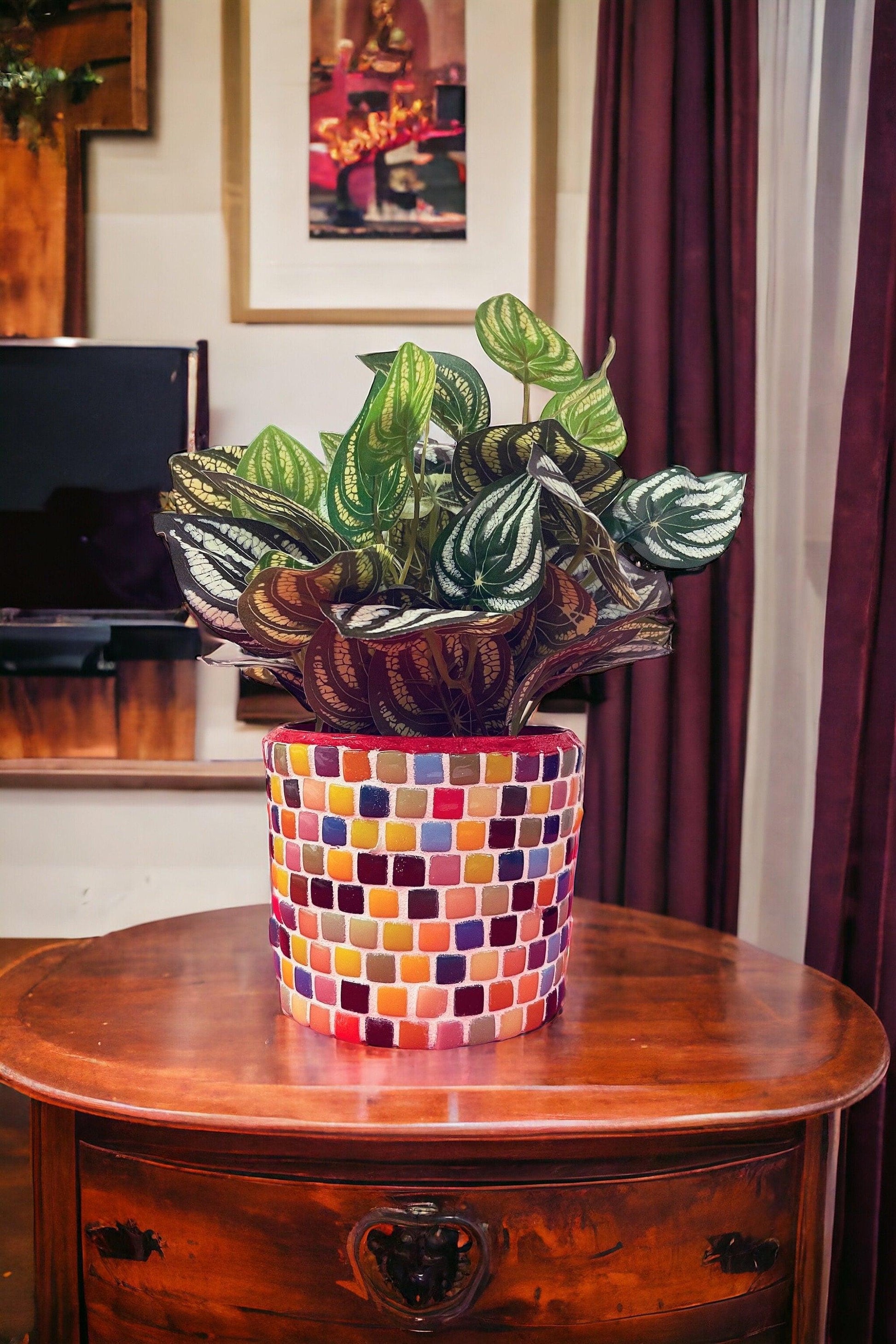 Colorful handcrafted rainbow mosaic planter with vibrant tiles, perfect for indoor or outdoor plants.