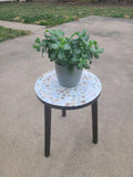 Tall Capiz shell mosaic plant stand featuring a tiered design and intricate shell pattern, perfect for displaying potted plants.
