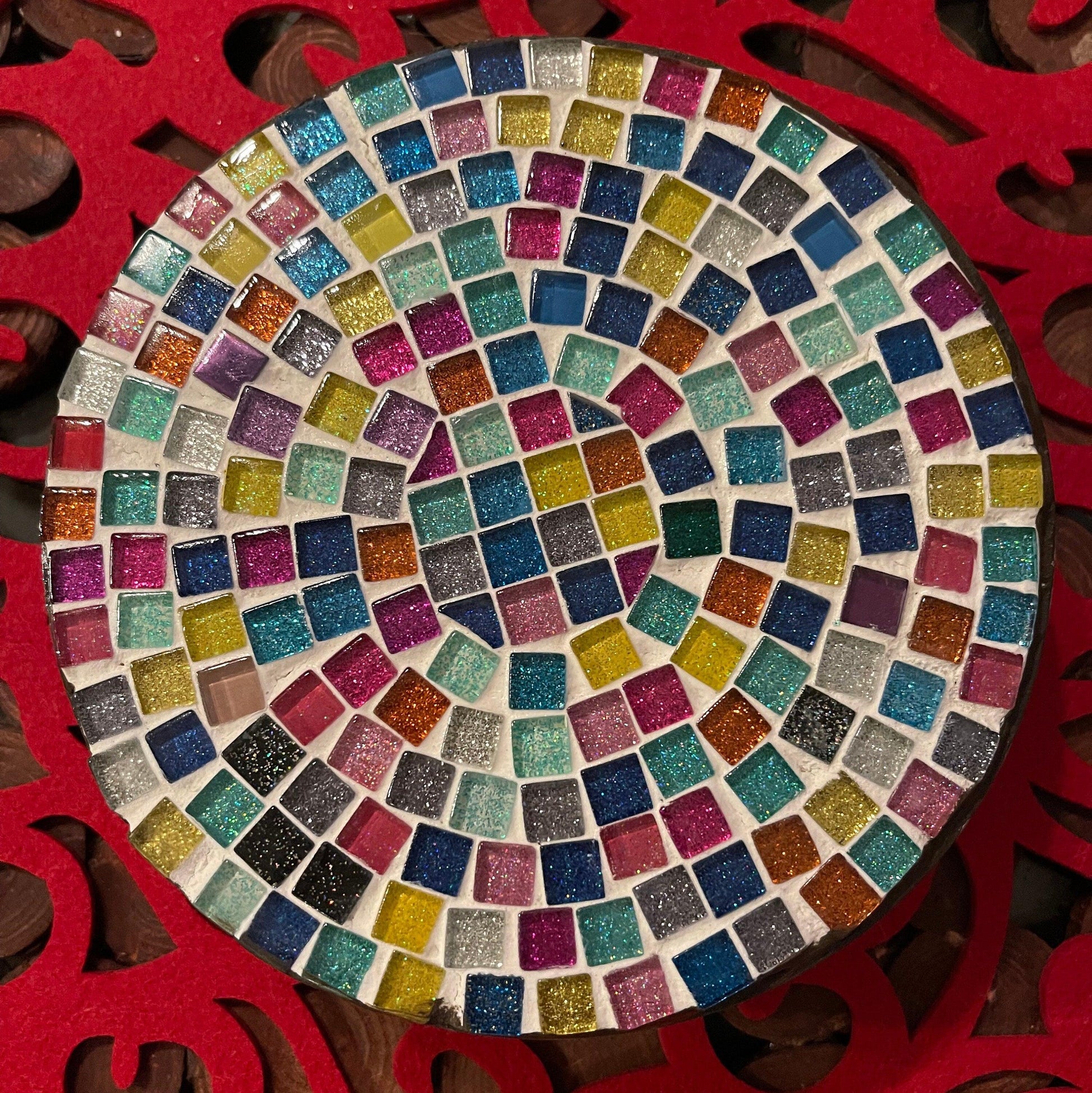 Small rainbow mosaic plant stand handcrafted by My Store, featuring colorful tile patterns and a sturdy design for indoor plants.
