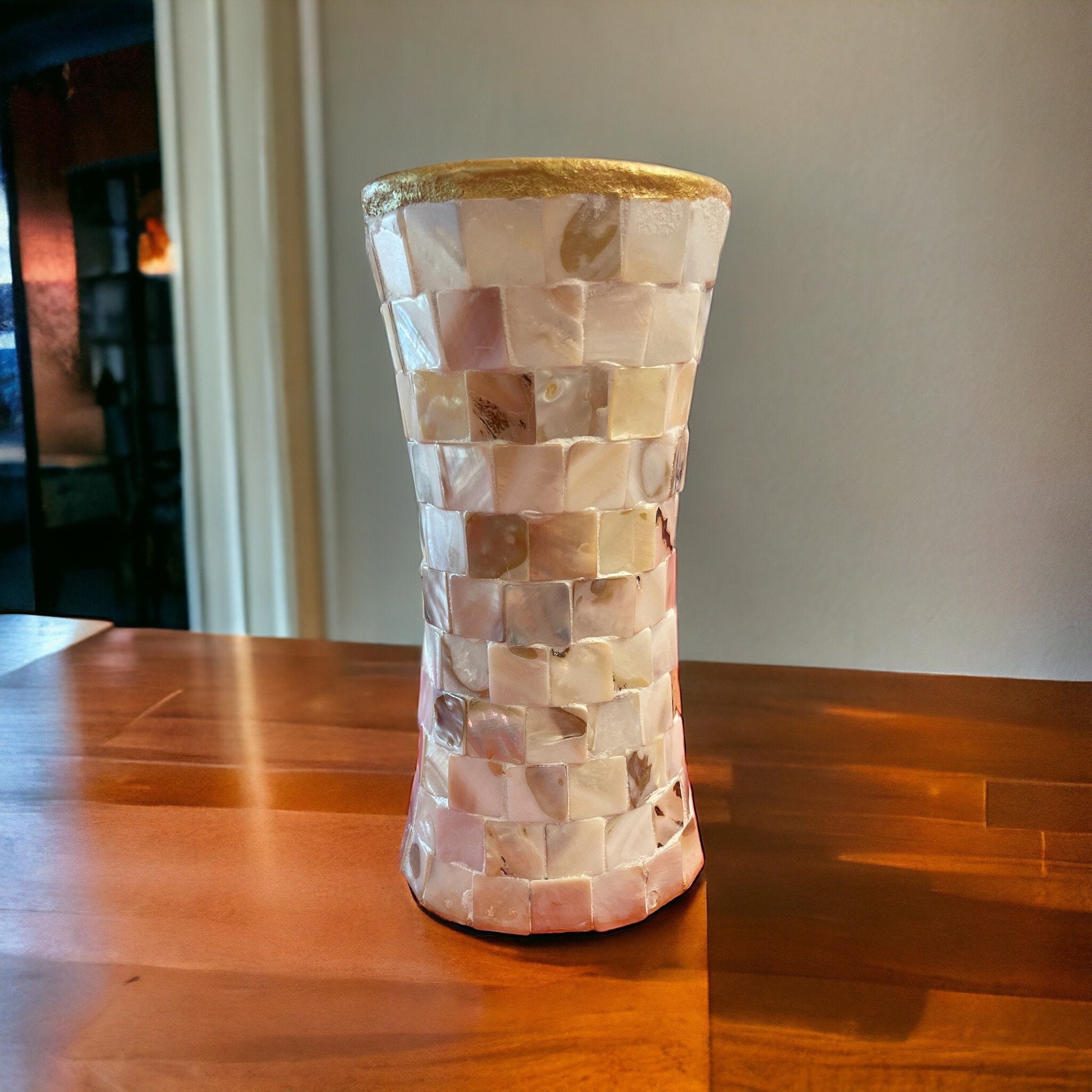 Elegant mother of pearl mosaic flower vase with floral design, featuring a glossy finish and intricate mosaic pattern.