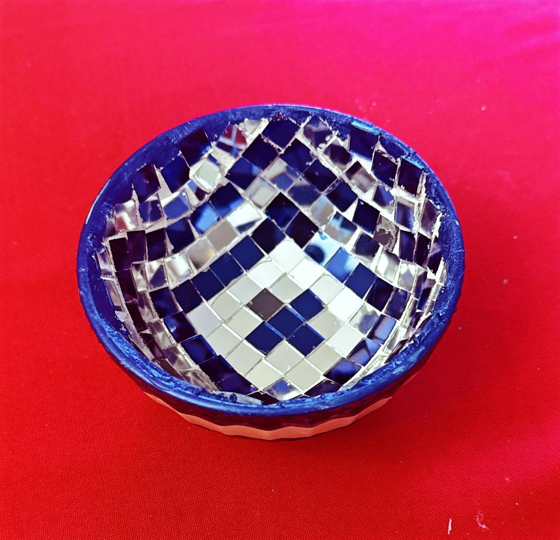 Blue and silver mosaic disco bowl with handcrafted detailing, perfect for decorative or functional use.