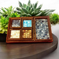 Multicolor cascade decorative wood tray with layered design, ideal for home decor or serving, showcasing vibrant multicolored wood pieces.