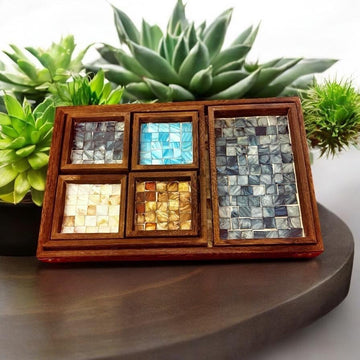 Multicolor cascade decorative wood tray with layered design, ideal for home decor or serving, showcasing vibrant multicolored wood pieces.