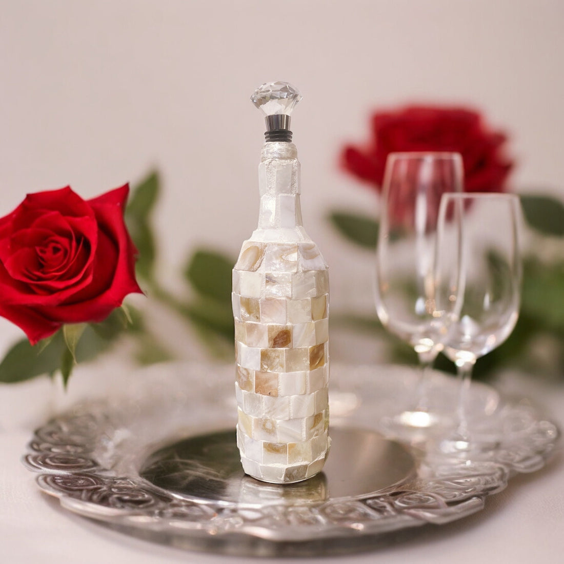 Mother of Pearl mosaic wine decanter with elegant design and intricate pearl detailing, perfect for serving wine in style.