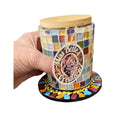 Handcrafted mosaic glass jar with bamboo lid, artisan decorative storage container, featuring colorful glass mosaic pattern
