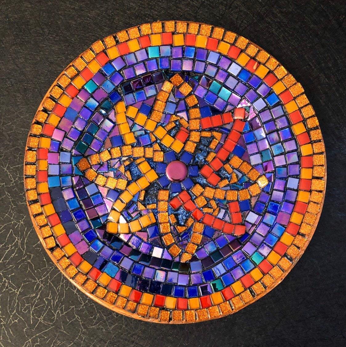 Decorative mid-century modern mosaic plate with colorful geometric patterns, perfect for stylish home decor.