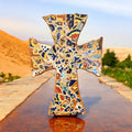 Colorful Mexican mosaic tile Christian wall cross with intricate patterns and vibrant design, ideal for religious home decor.