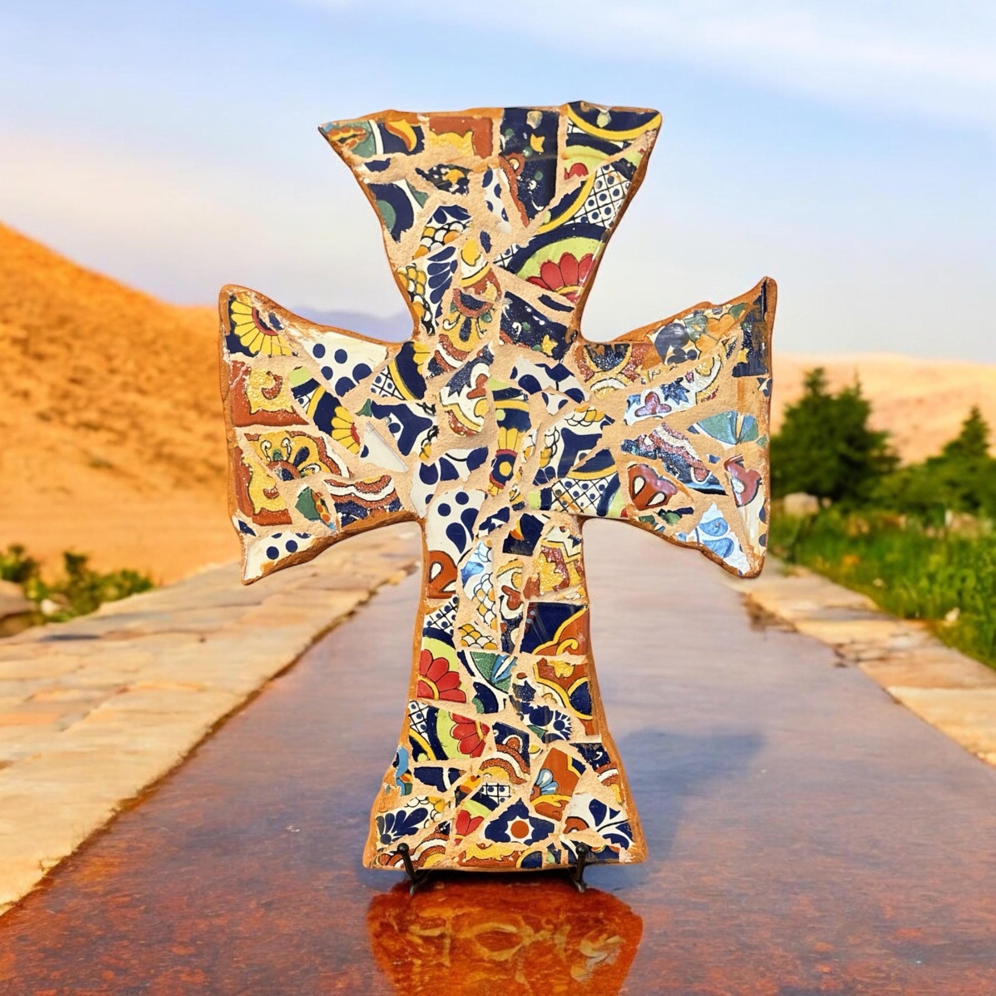 Colorful Mexican mosaic tile Christian wall cross with intricate patterns and vibrant design, ideal for religious home decor.