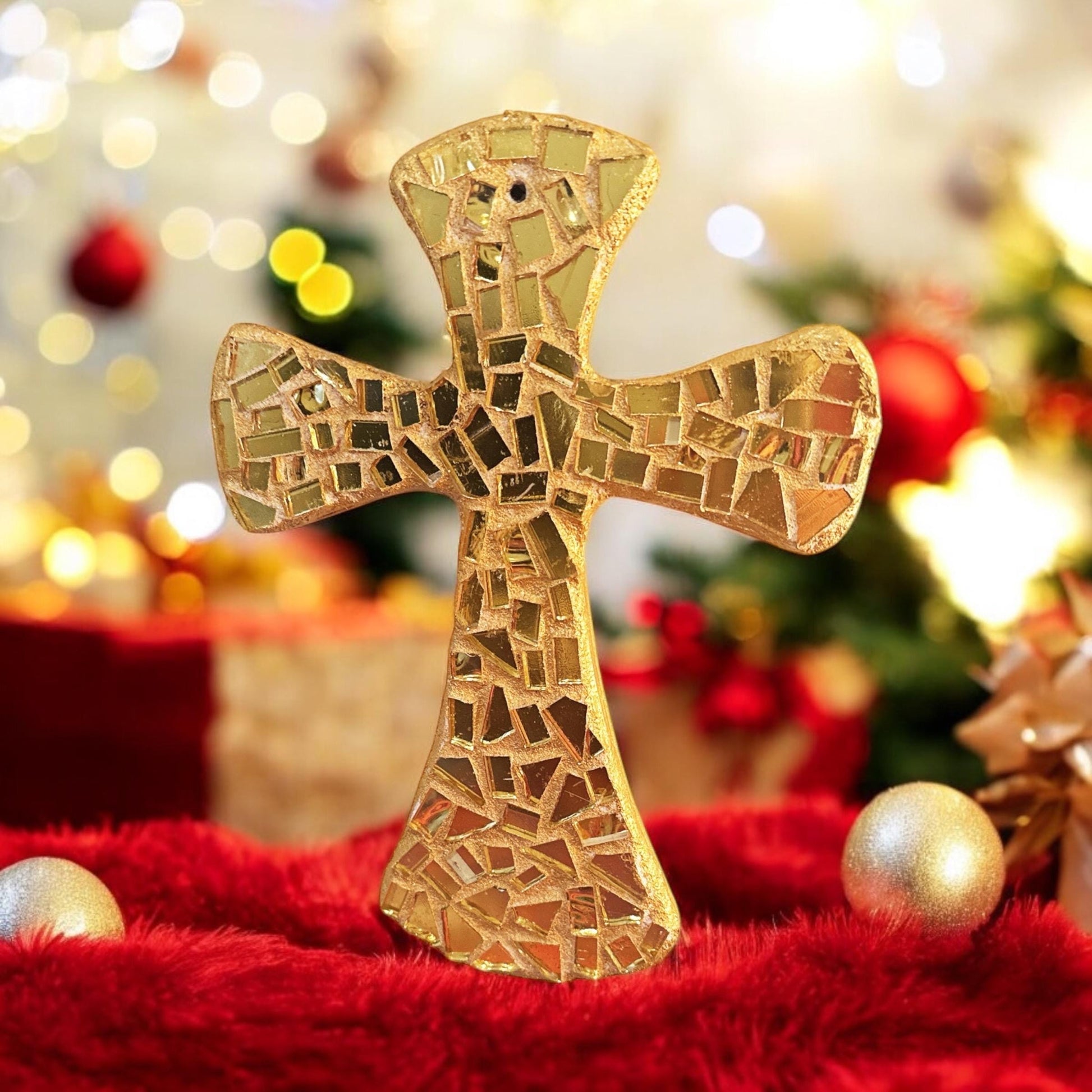 Handcrafted gold mosaic cross by Miss Bette's Creations, featuring intricate gold tile details and a polished finish.