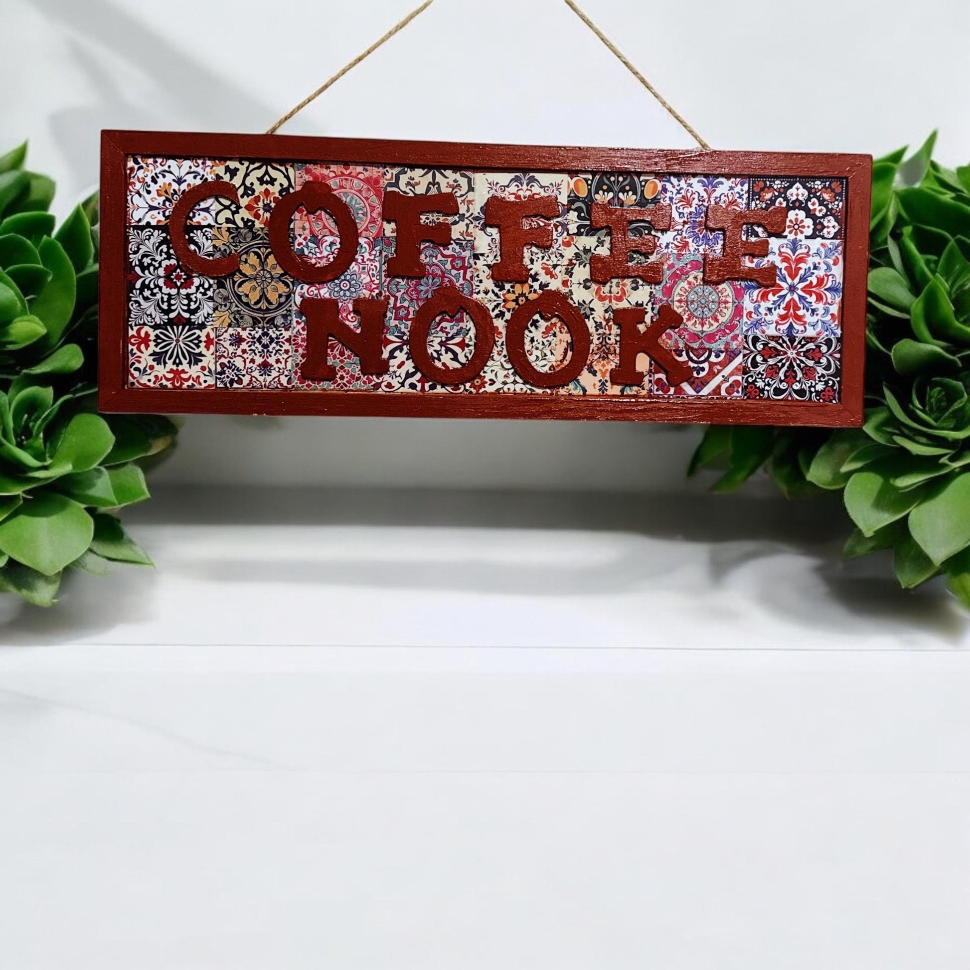 Coffee Nook sign wall hanging for home decor, featuring a rustic wooden design with stylish lettering.