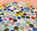 Colorful handcrafted polka dot rainbow mosaic plant stand by Miss Bette's Creations, featuring vibrant mosaic patterns and sturdy construction.