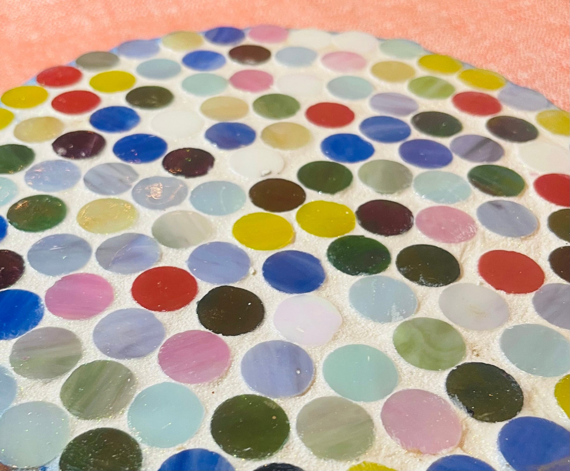 Colorful handcrafted polka dot rainbow mosaic plant stand by Miss Bette's Creations, featuring vibrant mosaic patterns and sturdy construction.