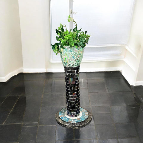 Tall Decorative Planter| Handmade | Black and Silver | Mosaic Planter | Plant Tower