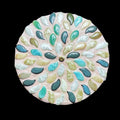 Handcrafted botanical petal mosaic plant stand with colorful floral design, made of sturdy wood for indoor or outdoor use.