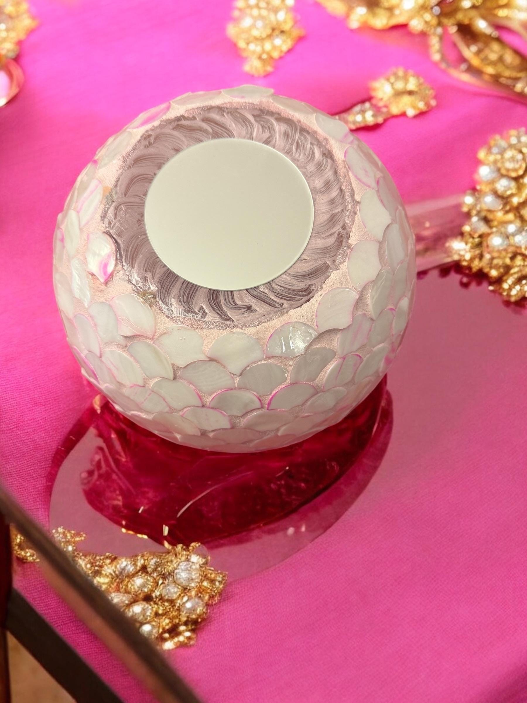 Handcrafted pink ombre mosaic bowl with scalloped edges, showcasing vibrant mosaic patterns and intricate craftsmanship.