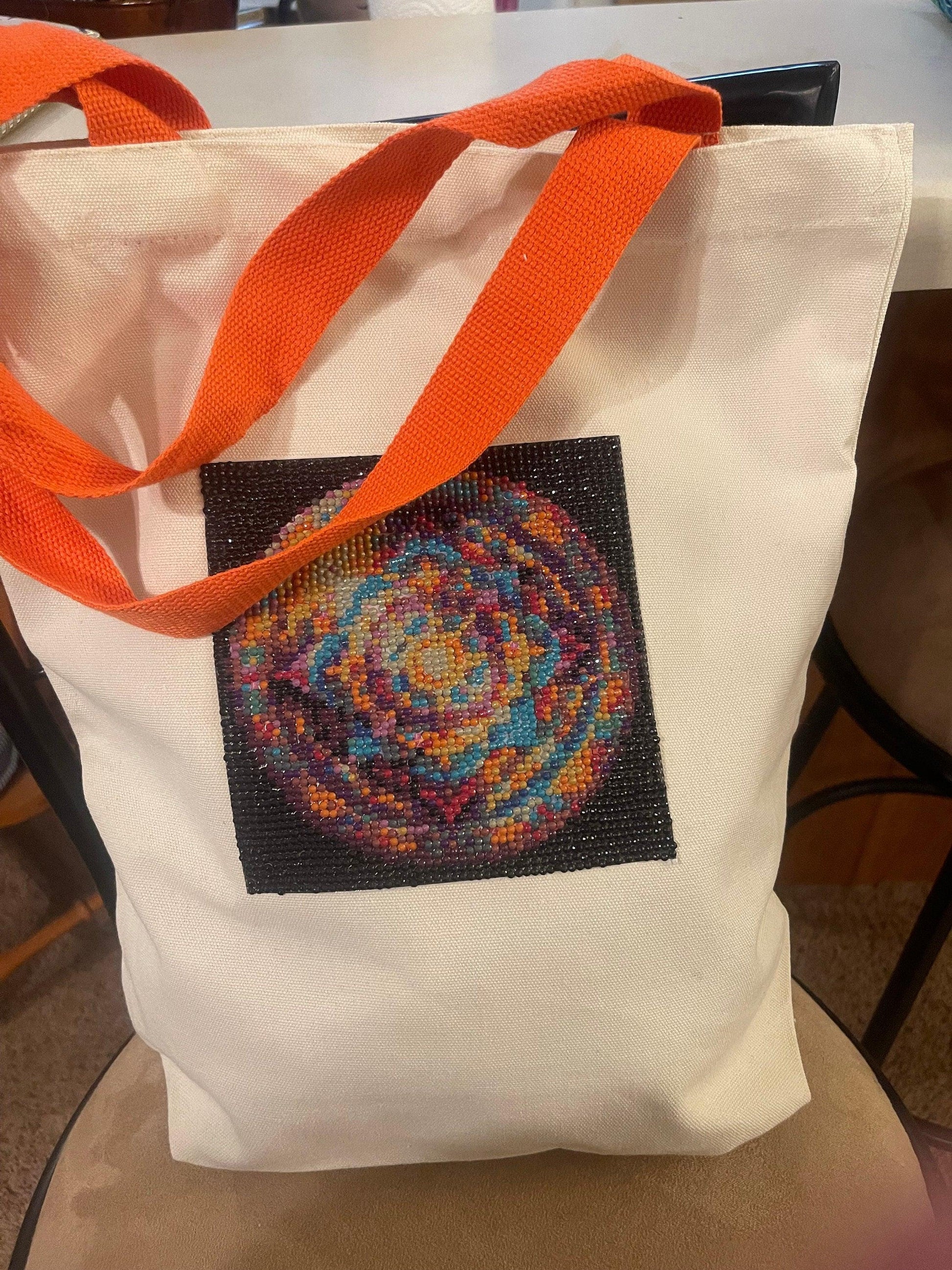 Handmade diamond art mandala canvas tote bag with colorful geometric design and sturdy handles, perfect for everyday use.